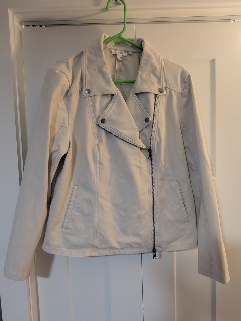 Chicos Vanilla glaze stretch knit moto jacket size 3 Double Zip Cotton Spandex